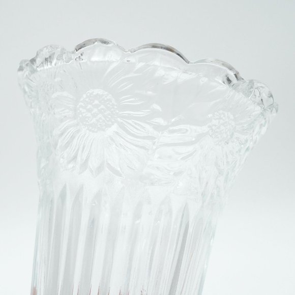 KIG Malaysia Clear Glass 6” Vase Ribbed with Embossed Sunflowers Scalloped Edge - Picture 3 of 5